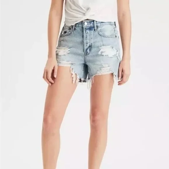 American Eagle Destroyed 90’s Rigid Boyfriend Denim Shorts - Sz 0 - Picture 1 of 8
